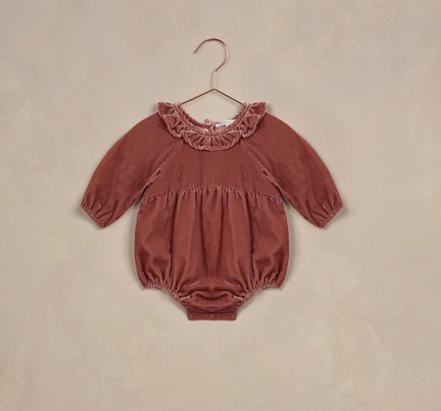 Adeline Velvet Romper in Poppy by Noralee, featuring a ruffled collar and embroidered fabric.