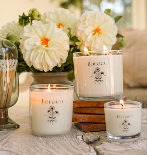 Floraco Candle: Sandalwood, Cedarwood, Cardamom | Grounding and Restorative | Clear Glass