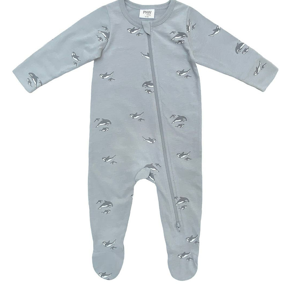 Baby Footed Zip Romper in Orca print by City Mouse, cozy and soft for playtime and naptime