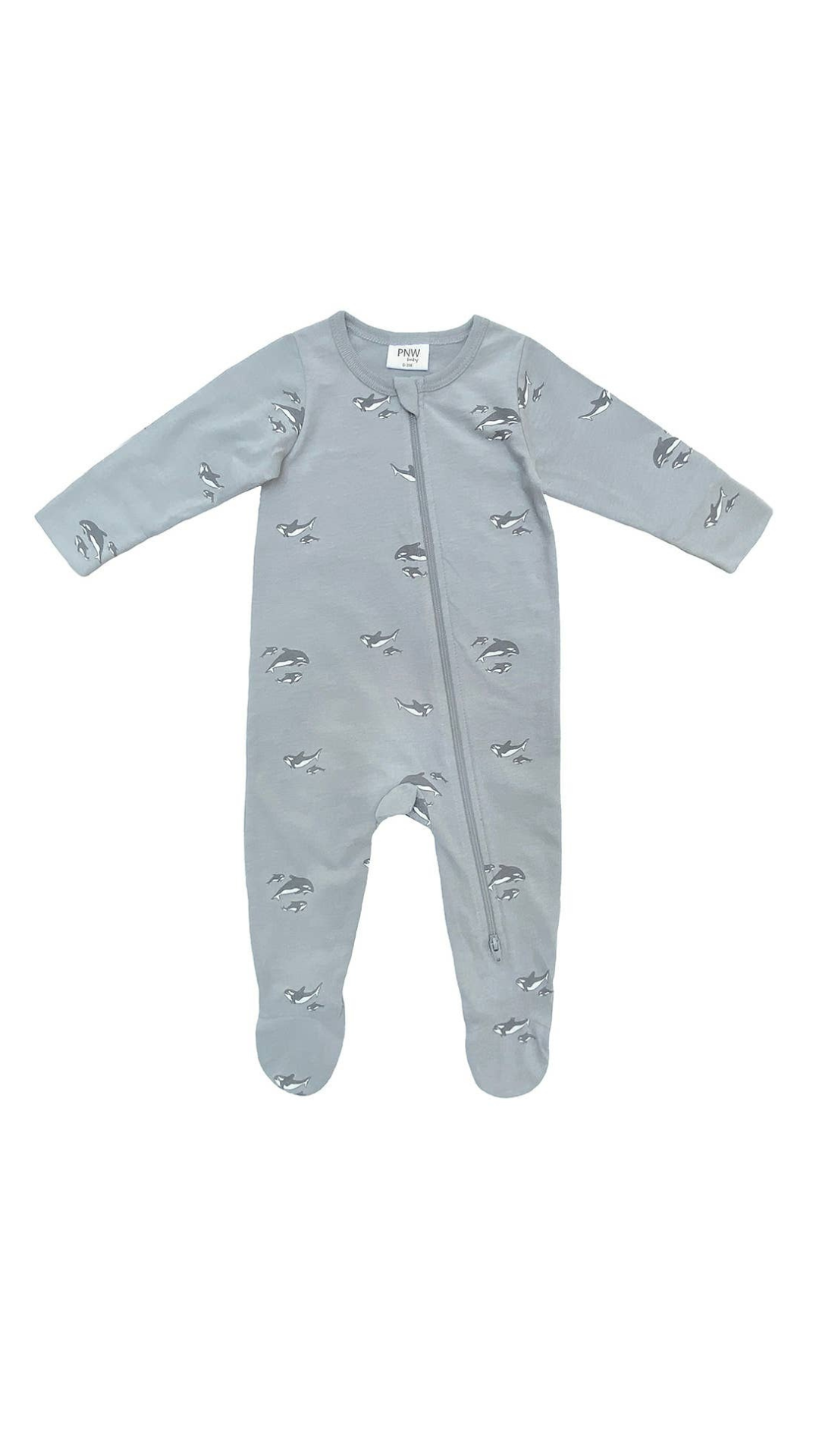 Baby Footed Zip Romper in Orca print by City Mouse, cozy and soft for playtime and naptime