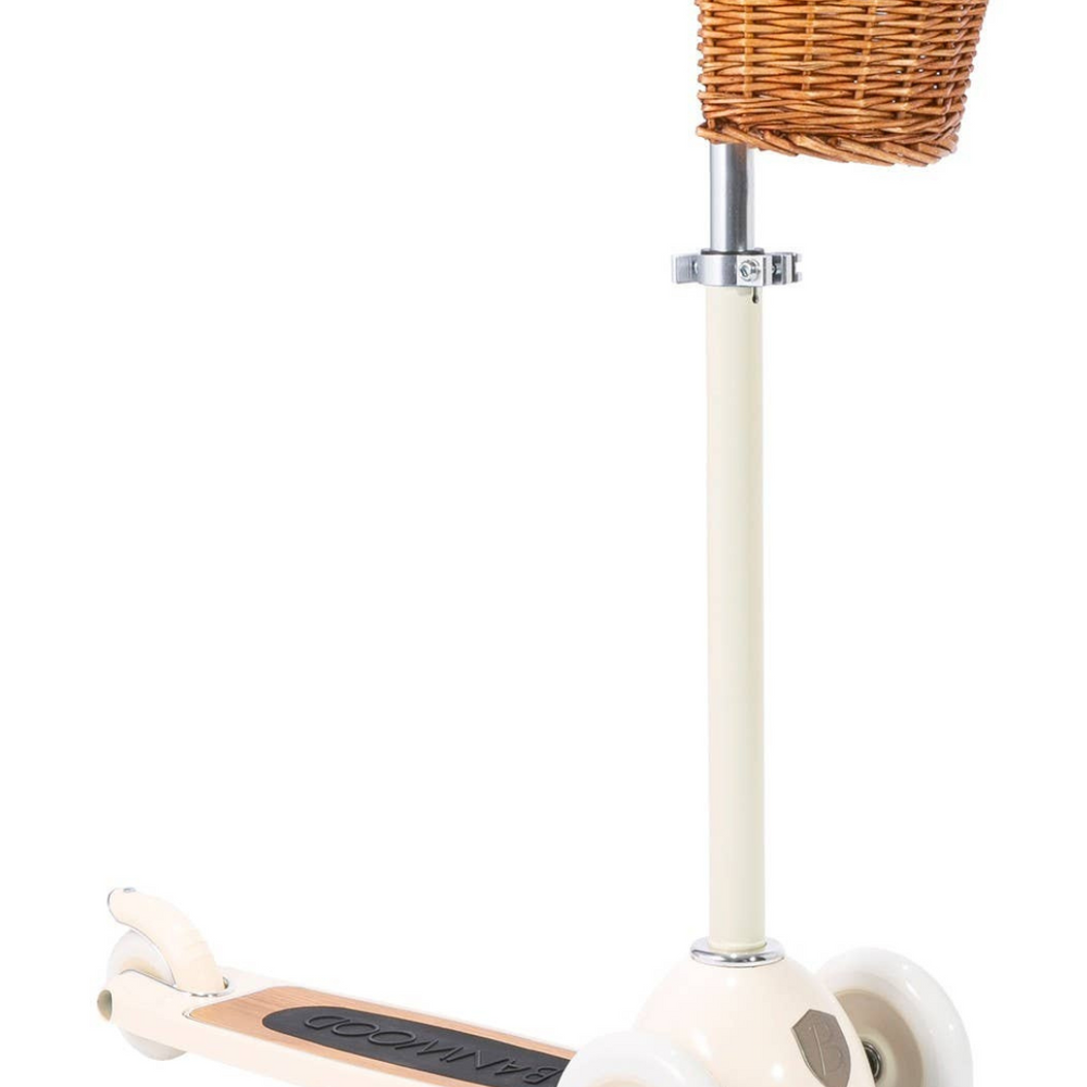 
                      
                        Banwood Cream Scooter with basket, featuring a classic design and adjustable T-handlebar, perfect for kids aged 3 and up.
                      
                    