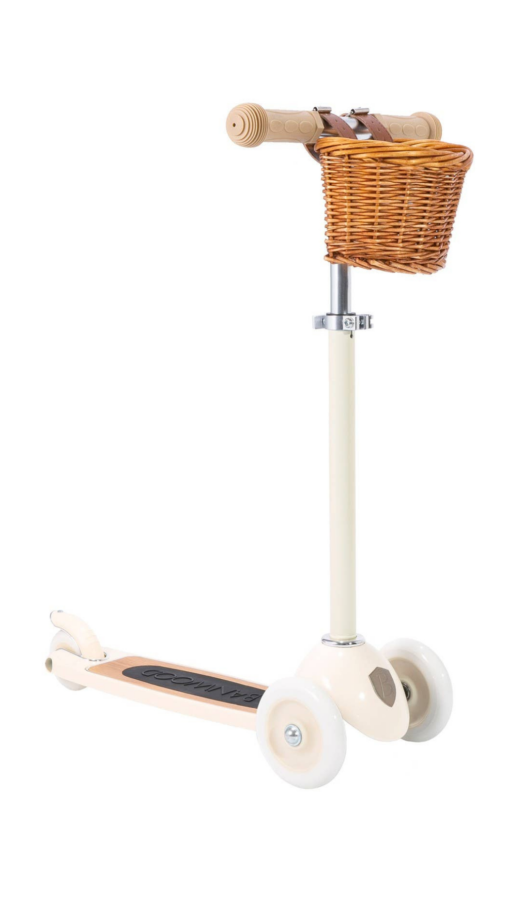 Banwood Cream Scooter with basket, featuring a classic design and adjustable T-handlebar, perfect for kids aged 3 and up.