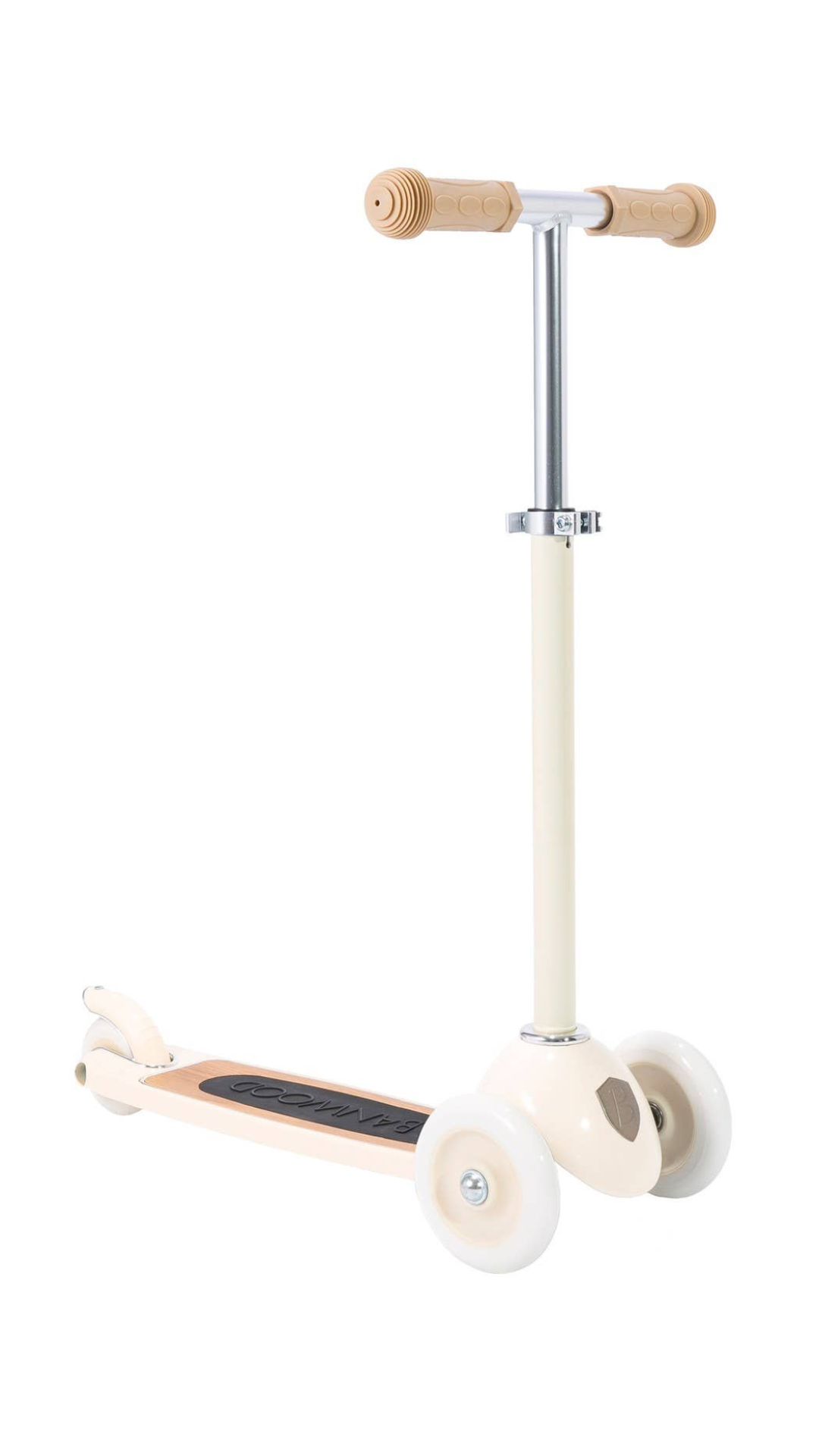 Full view of Banwood Cream Scooter, highlighting the stylish cream color, adjustable T-handlebar, and sleek design ideal for young riders.