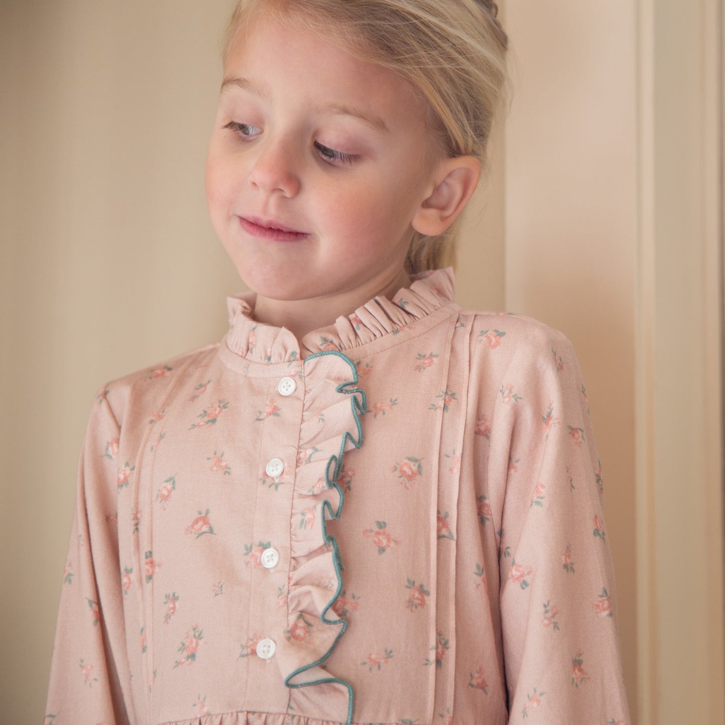 Girls Long Sleeves Dress with Front Ruffle | Vintage Pink Rose