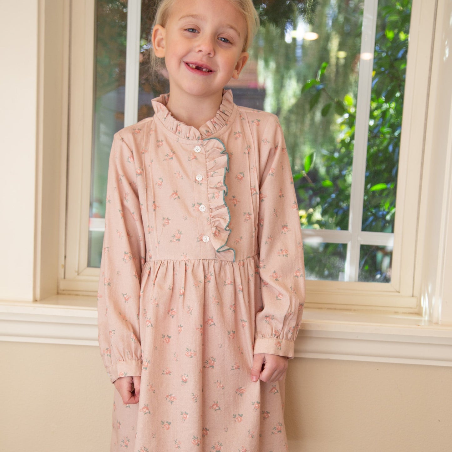 Girls Long Sleeves Dress with Front Ruffle | Vintage Pink Rose