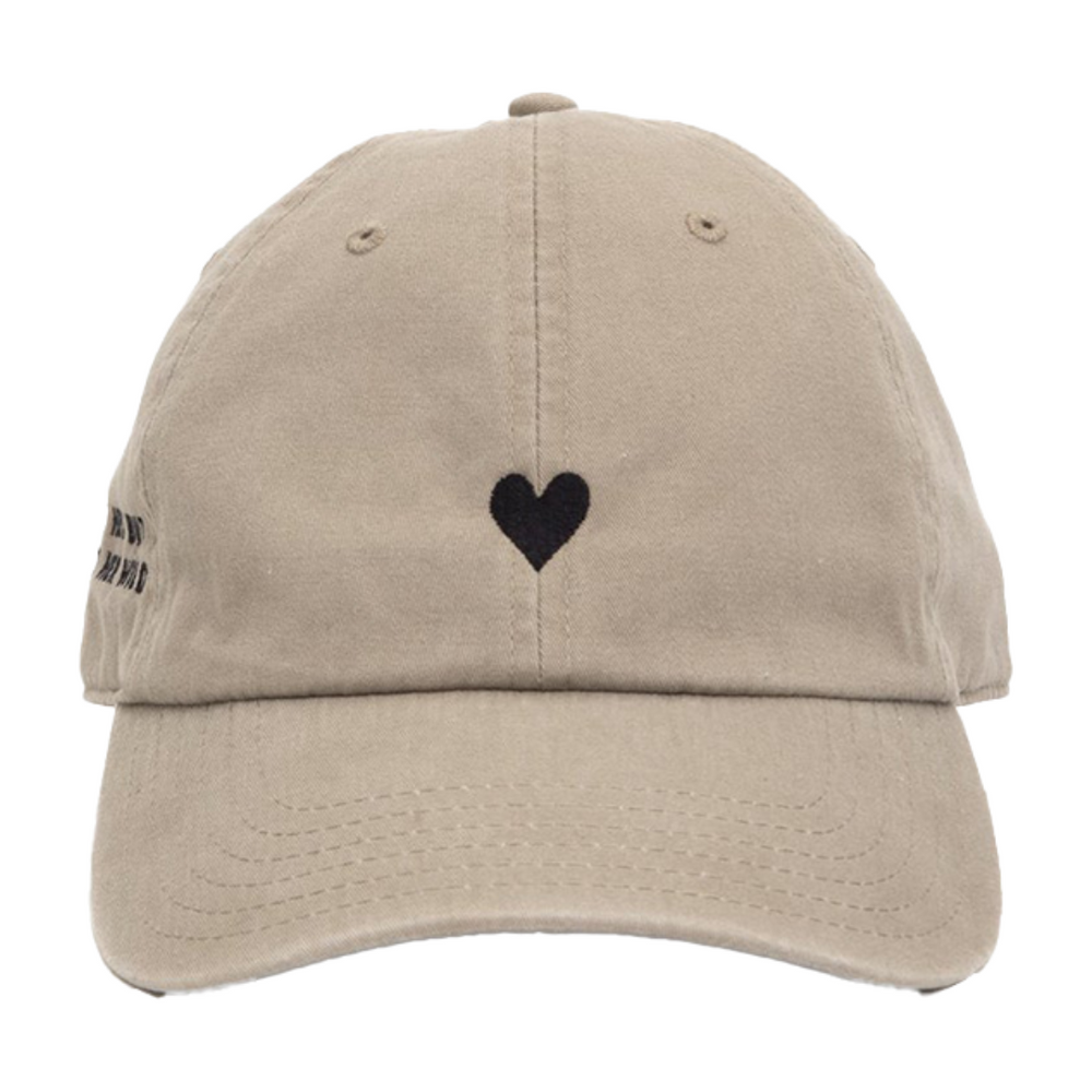 
                      
                        Front view of the Beige Heart Hat with an embroidered heart and poetic text.
                      
                    