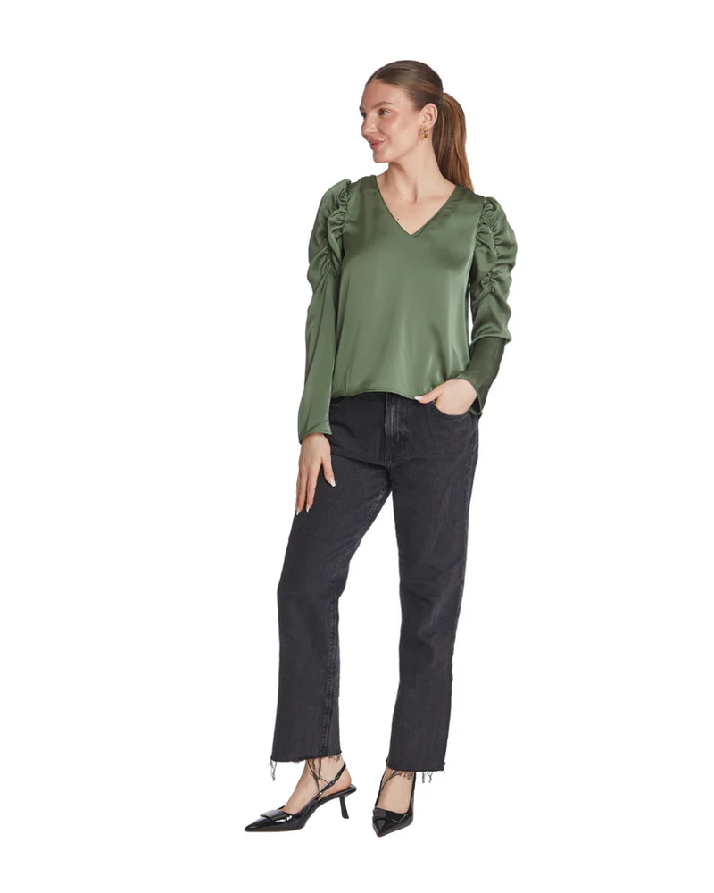 Taylor Tillman Bella Top with V-neckline, ruched sleeves, and flattering waist detail – perfect women’s night out blouse