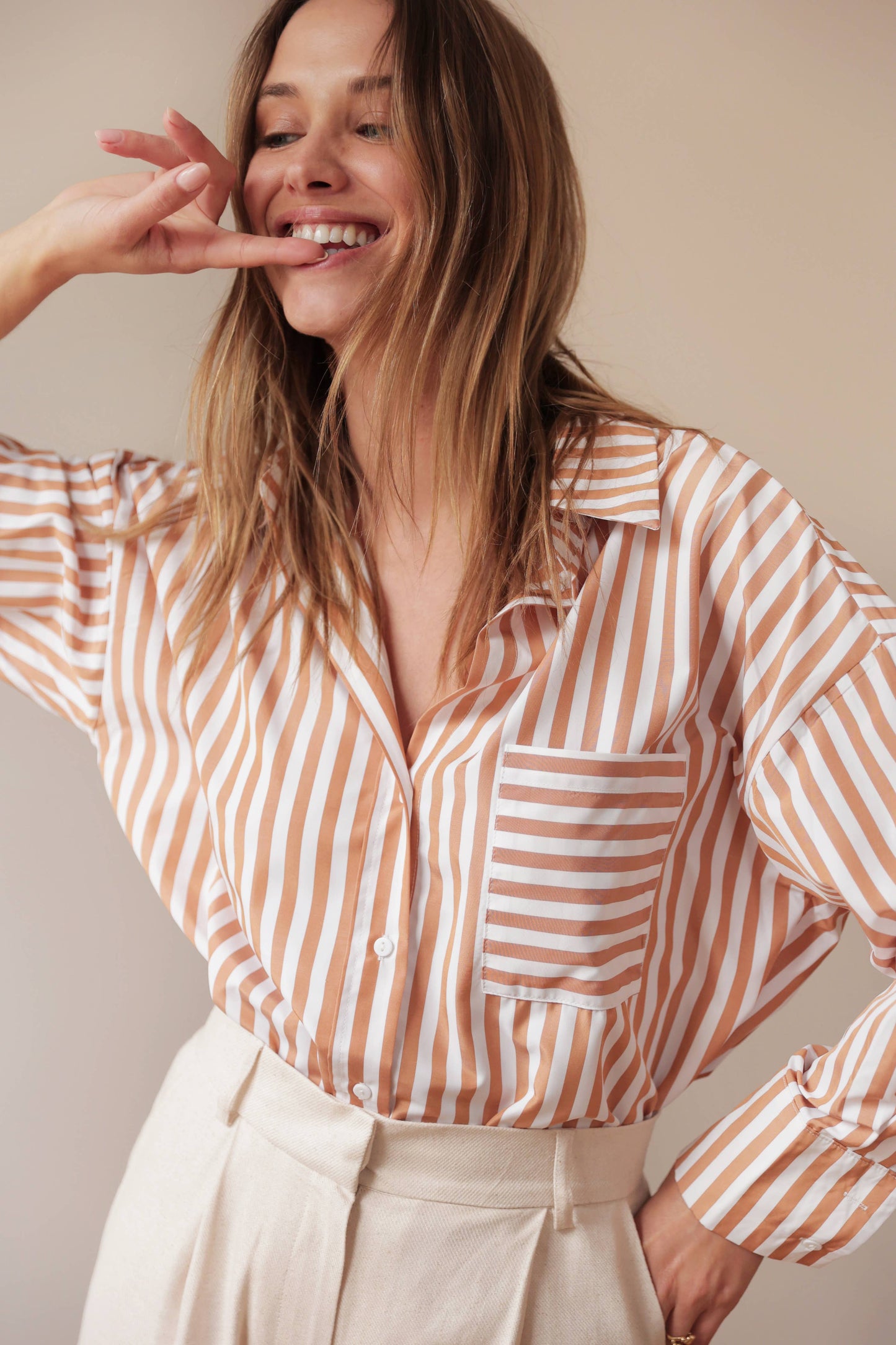 Celia Striped Shirt in camel with oversized design and mixed stripe pattern, crafted from soft cotton for effortless everyday style