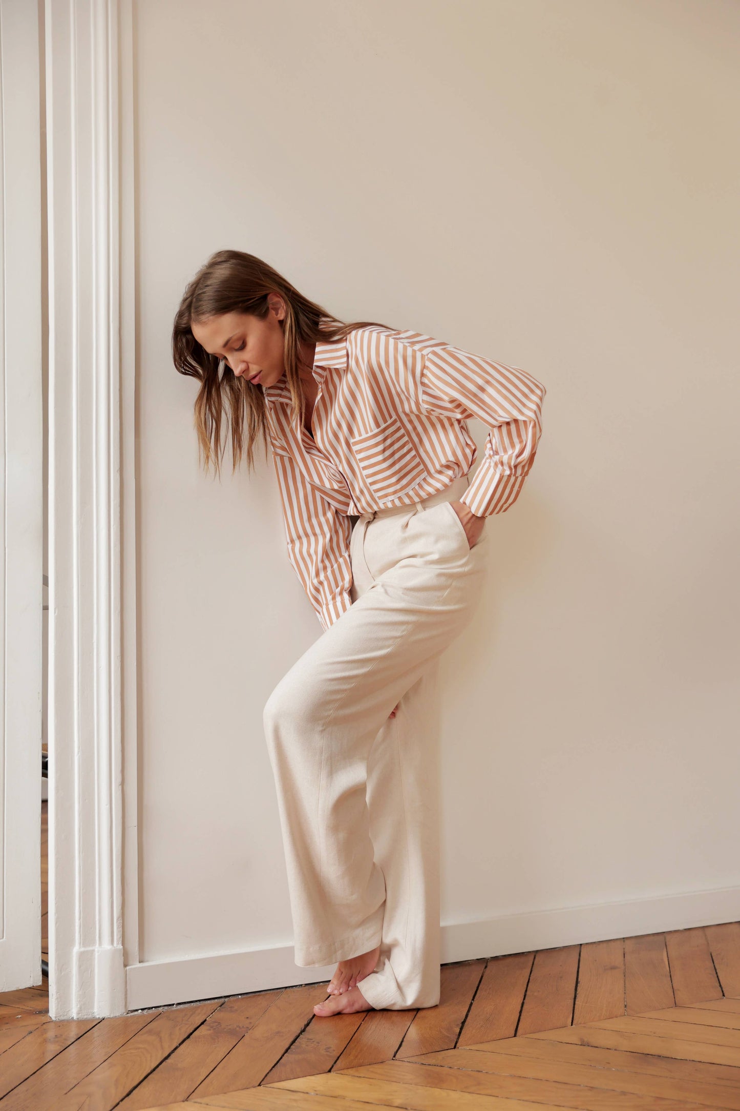 Oversized Celia Striped Shirt in camel with modern mixed stripes, perfect button-down for versatile casual or date night wear