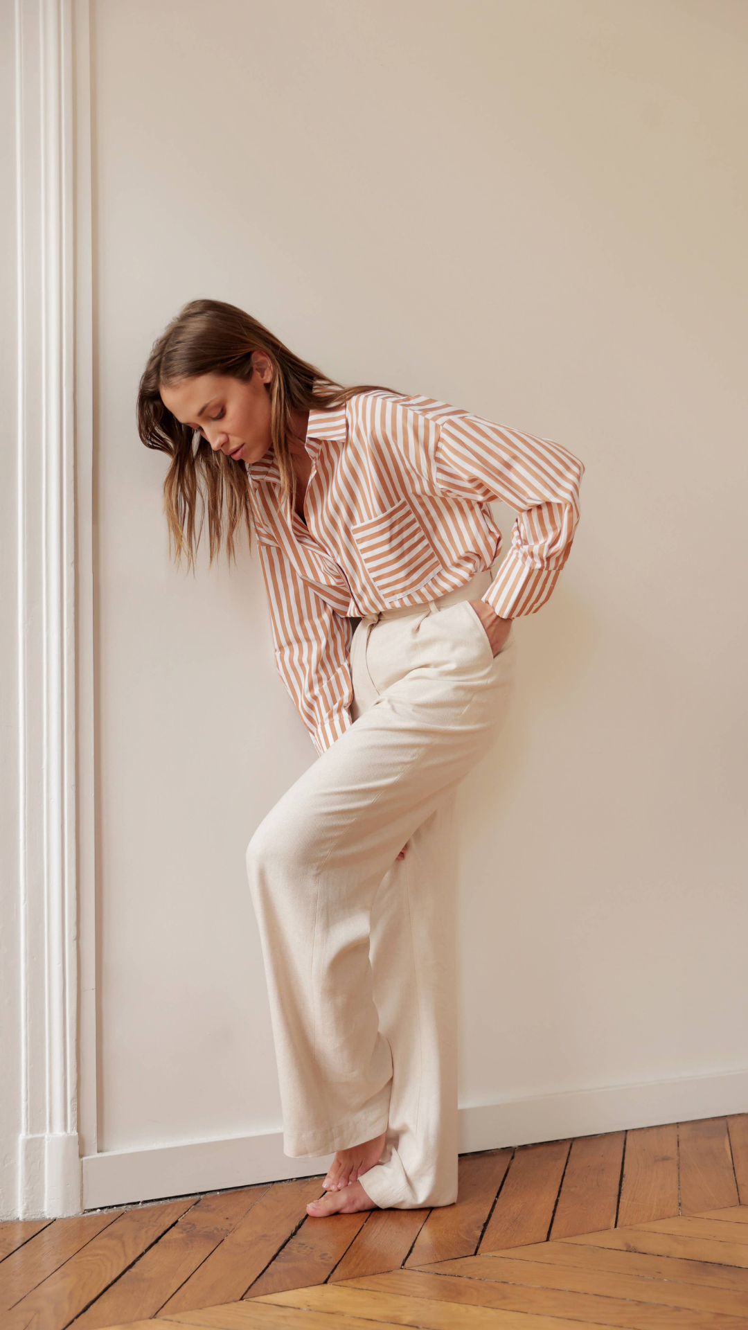 Oversized Celia Striped Shirt in camel with modern mixed stripes, perfect button-down for versatile casual or date night wear