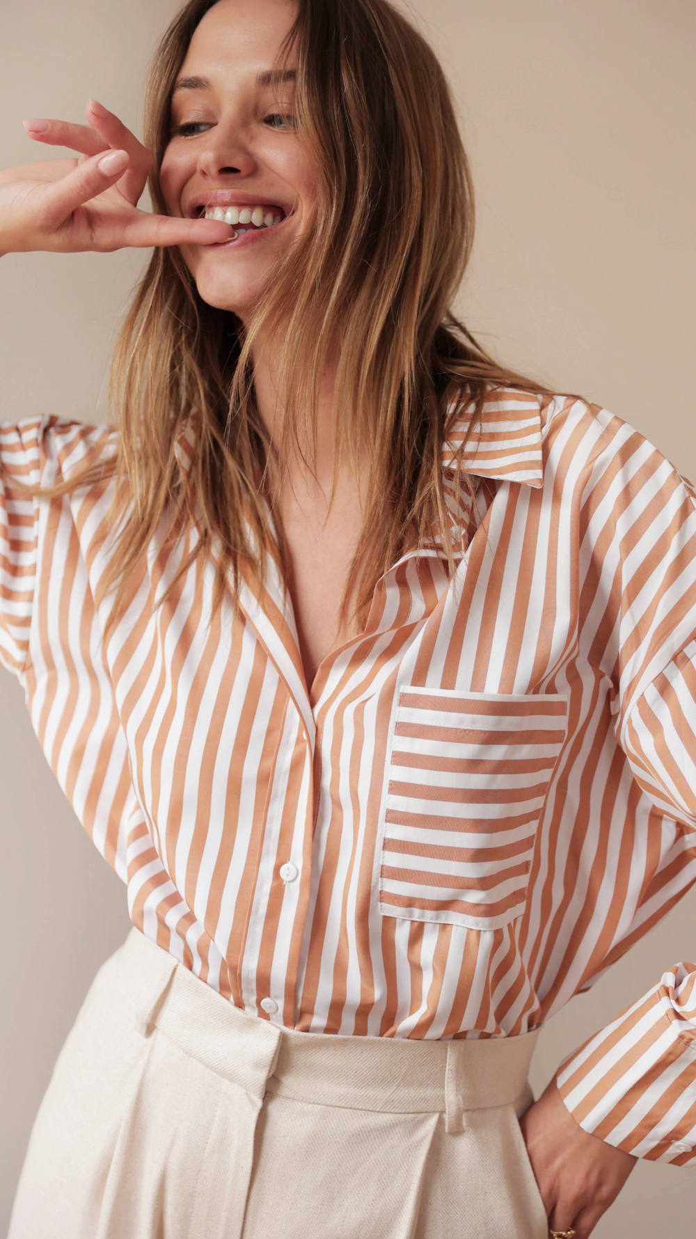 Celia Striped Shirt in camel with oversized design and mixed stripe pattern, crafted from soft cotton for effortless everyday style