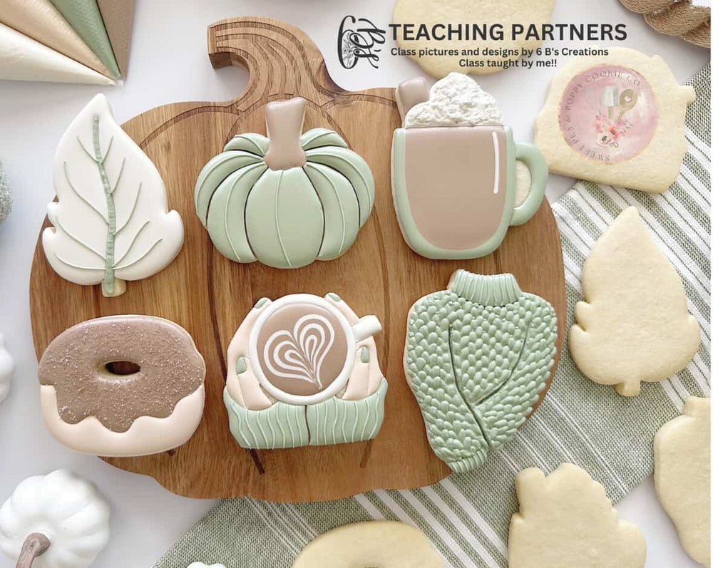 Photo of Fall-themed cookies for a hands-on cookie decorating workshop in Essex, CT – includes inspiration for beginners and seasonal cookie designs with icing and gift bag treats.