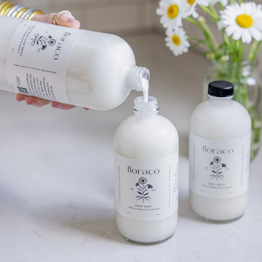 Floraco Refillable Glass Hand Soap: Cedarwood, Sandalwood, Iris and Cardamom