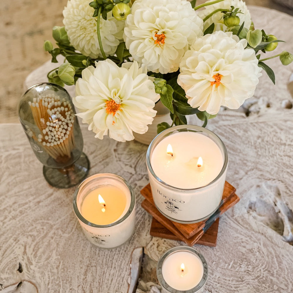 
                      
                        Floraco Candle: Sandalwood, Cedarwood, Cardamom | Grounding and Restorative | Clear Glass
                      
                    