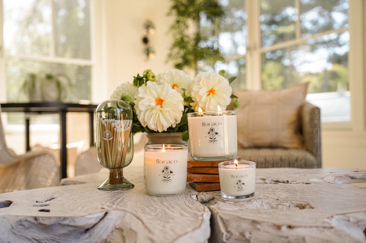 Floraco Candle: Sandalwood, Cedarwood, Cardamom | Grounding and Restorative | Clear Glass