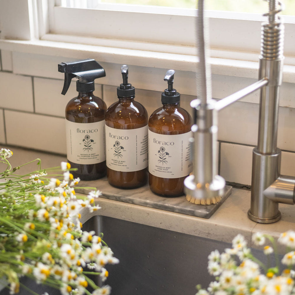 Magnolia Mint Refillable Glass Hand Soap: Wild Mint, Orange Blossom, Eucalyptus, Lemon, Mint + Tomato Leaf Scented