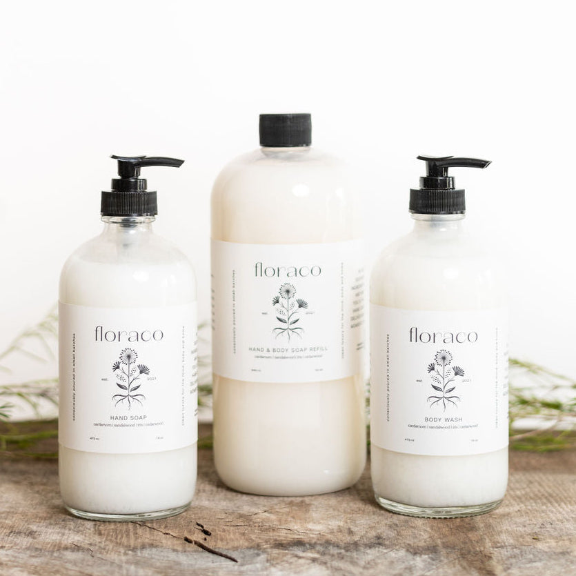 
                      
                        Floraco Hand Soap+ Body Wash Refill: cardamom, sandalwood, iris, cedarwood
                      
                    