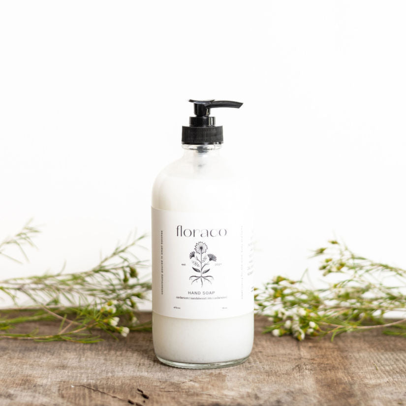 Floraco Refillable Glass Hand Soap: Cedarwood, Sandalwood, Iris and Cardamom