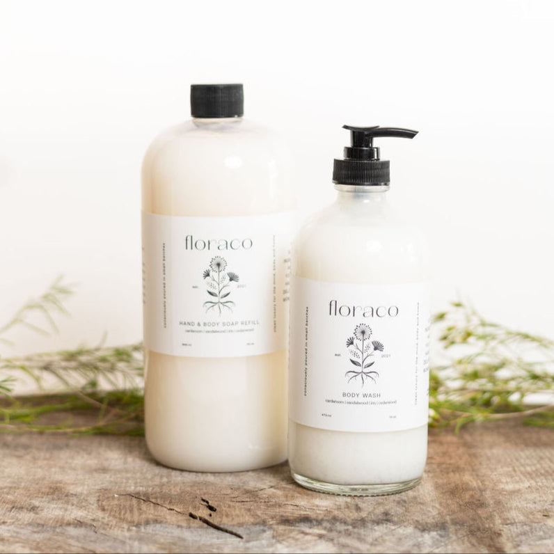 Floraco Hand Soap+ Body Wash Refill: cardamom, sandalwood, iris, cedarwood