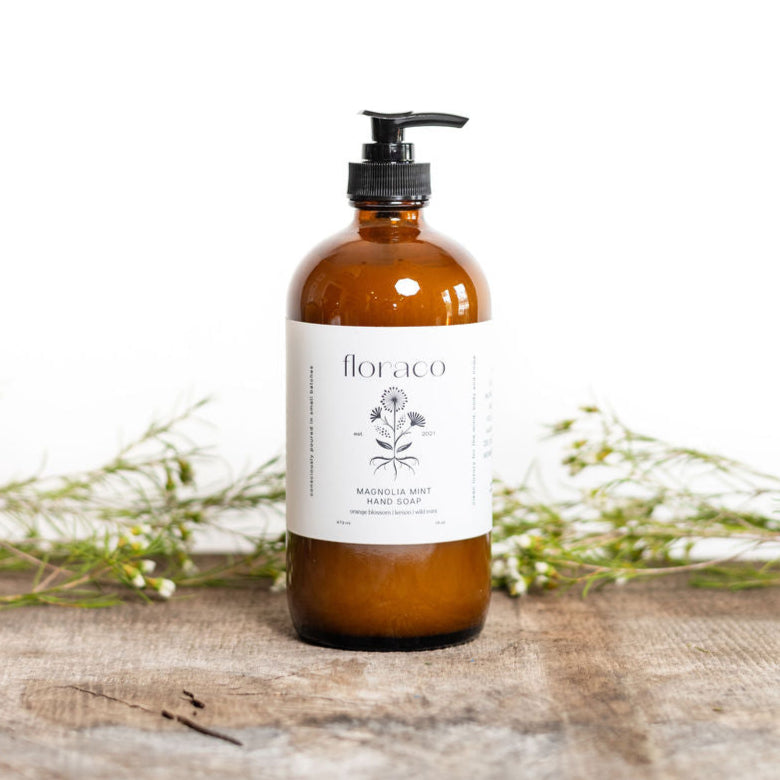 Magnolia Mint Refillable Glass Hand Soap: Wild Mint, Orange Blossom, Eucalyptus, Lemon, Mint + Tomato Leaf Scented