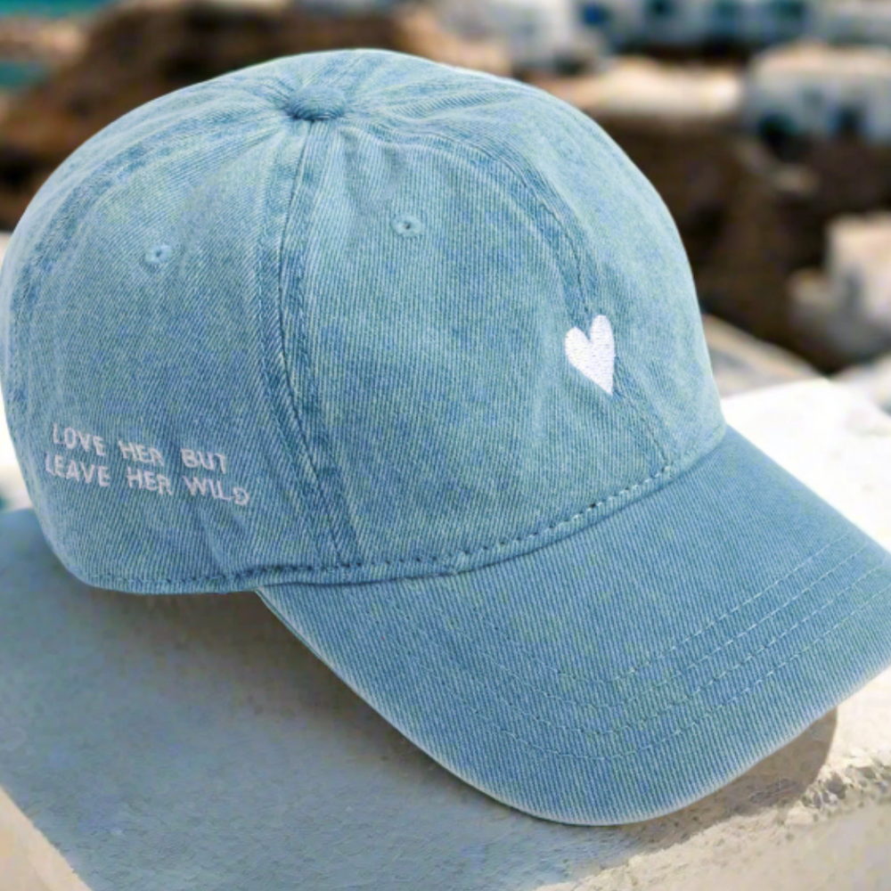 Front view of the Denim Heart Dad Hat featuring a subtle heart design.