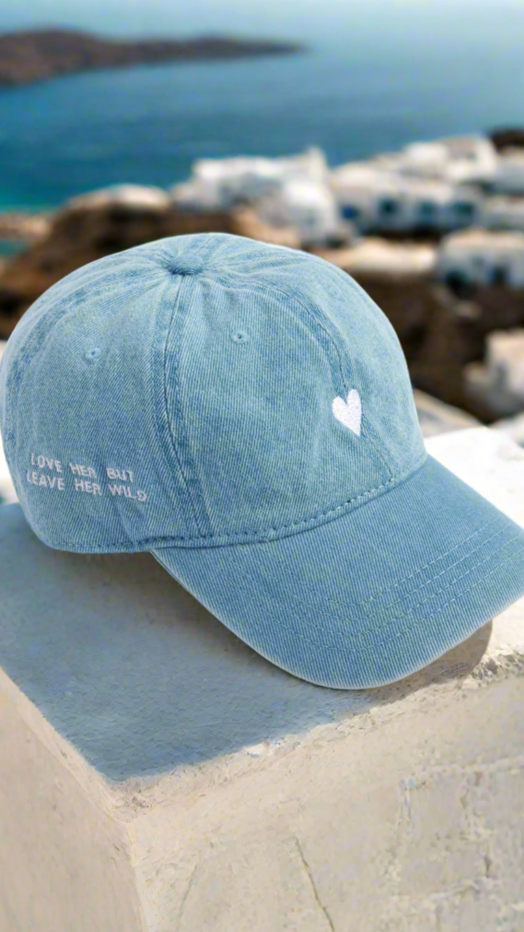 Front view of the Denim Heart Dad Hat featuring a subtle heart design.