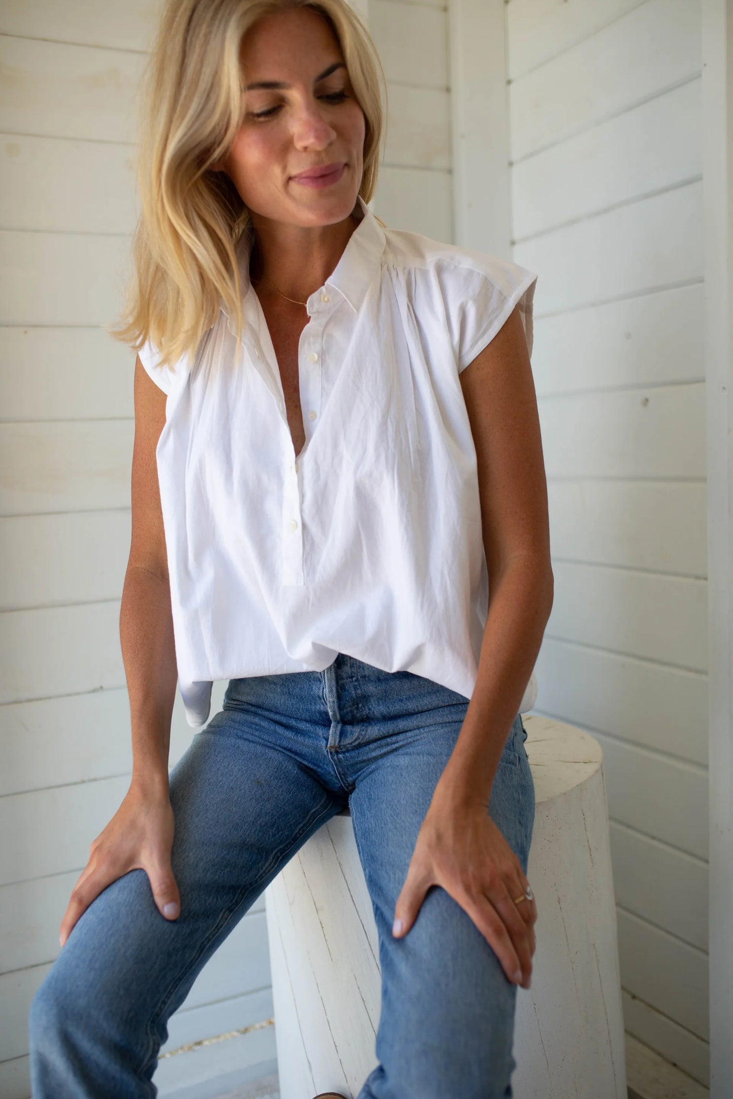 Soft white cotton gauze fabric detail on Marea Diane Top