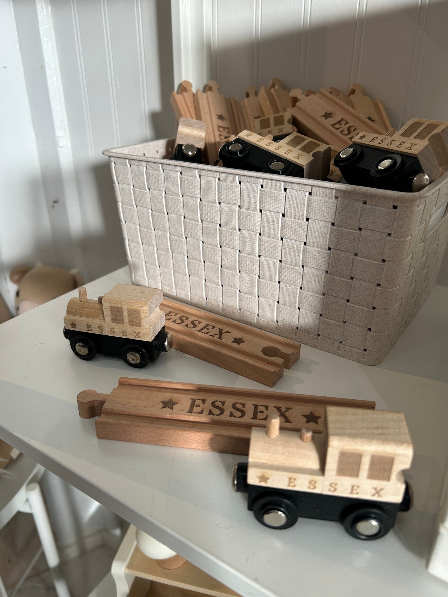 Wooden train engine and piece of track engraved with "Essex" - the perfect way to commemorate your trip on the Steam Train or North Pole Express while in Essex, CT