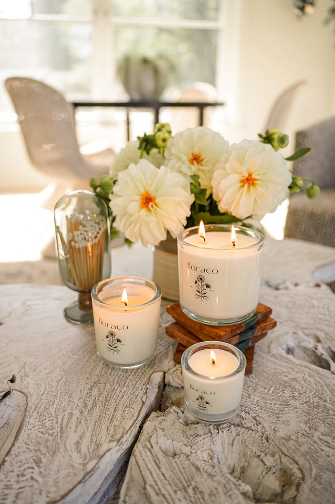 
                      
                        Floraco Candle: Sandalwood, Cedarwood, Cardamom | Grounding and Restorative | Clear Glass
                      
                    