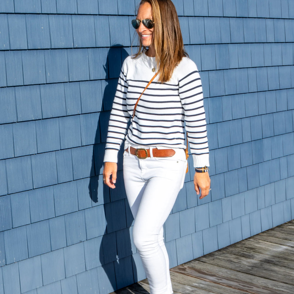 Classic Ivory & Navy Striped Sweater – Semi-Tailored Knit with Bold Stripes