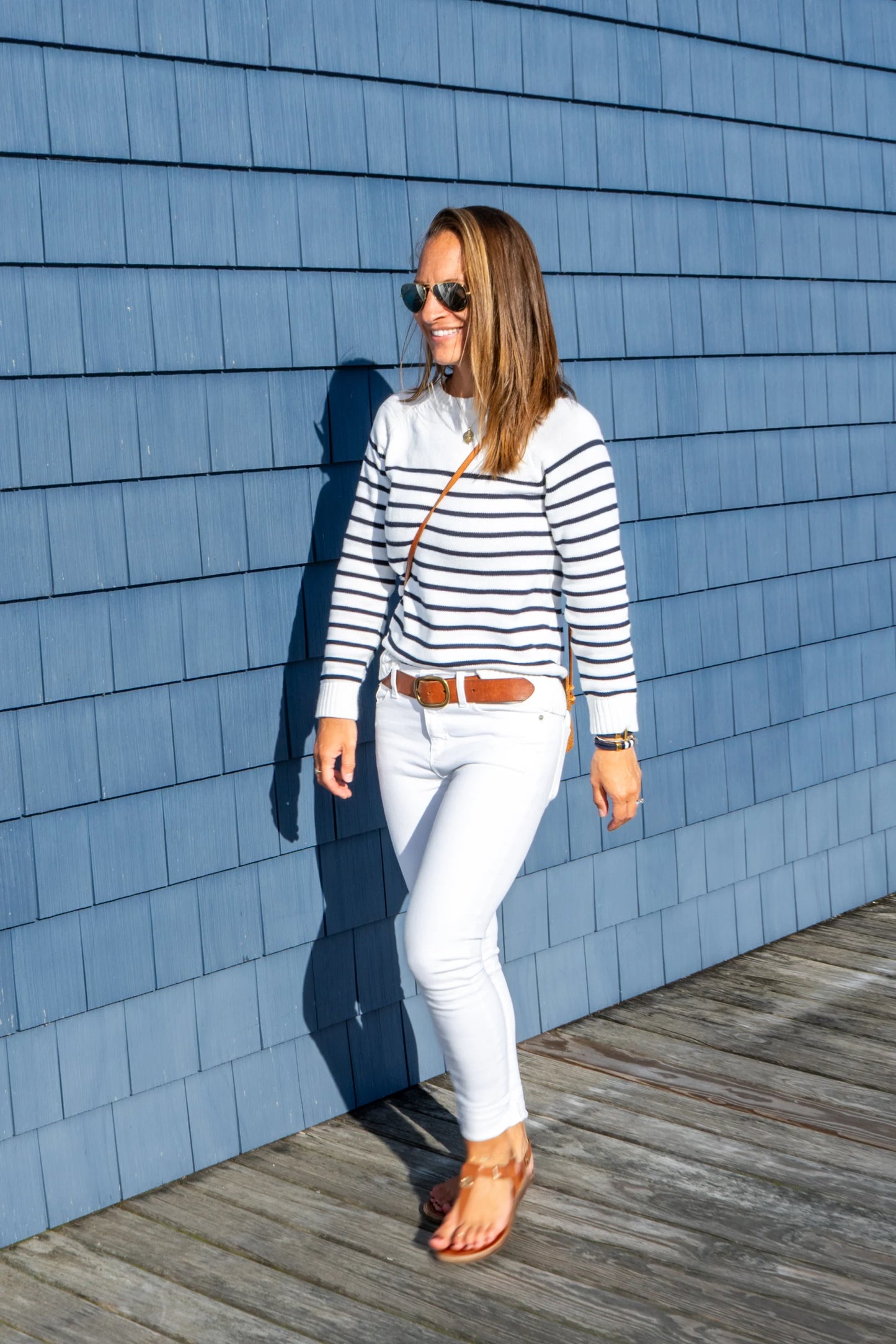 Classic Ivory & Navy Striped Sweater – Semi-Tailored Knit with Bold Stripes