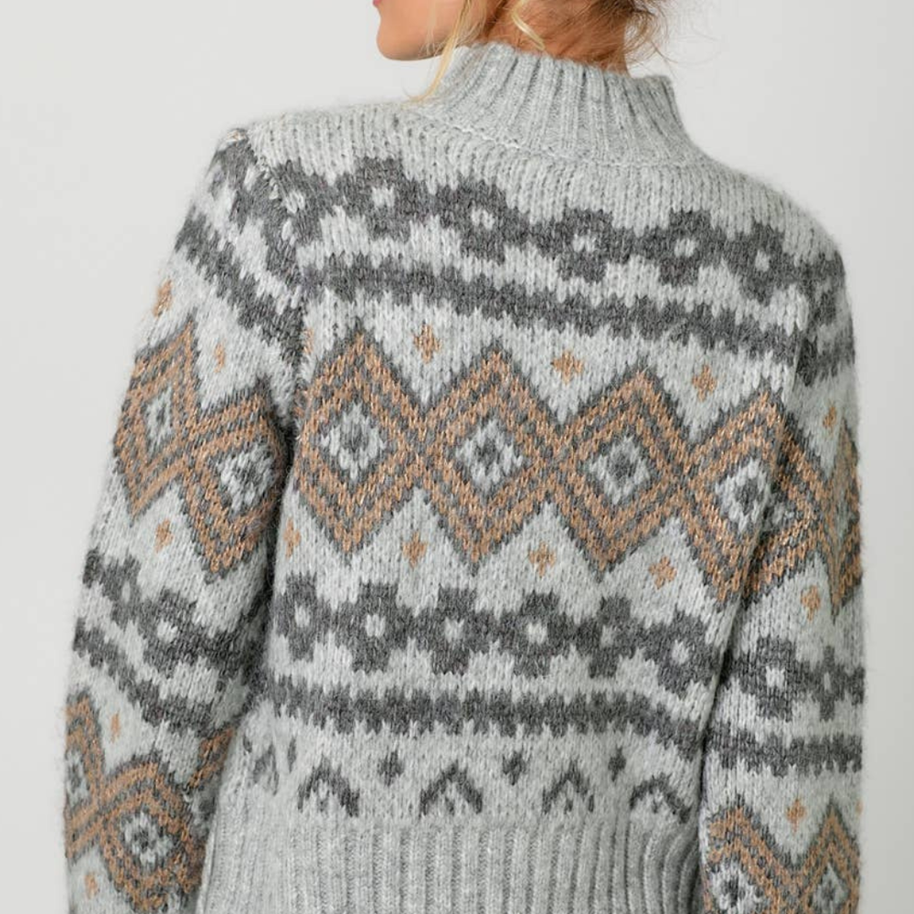 
                      
                        Model styled in the Fair Isle Mock Neck Sweater with jeans for a casual look
                      
                    