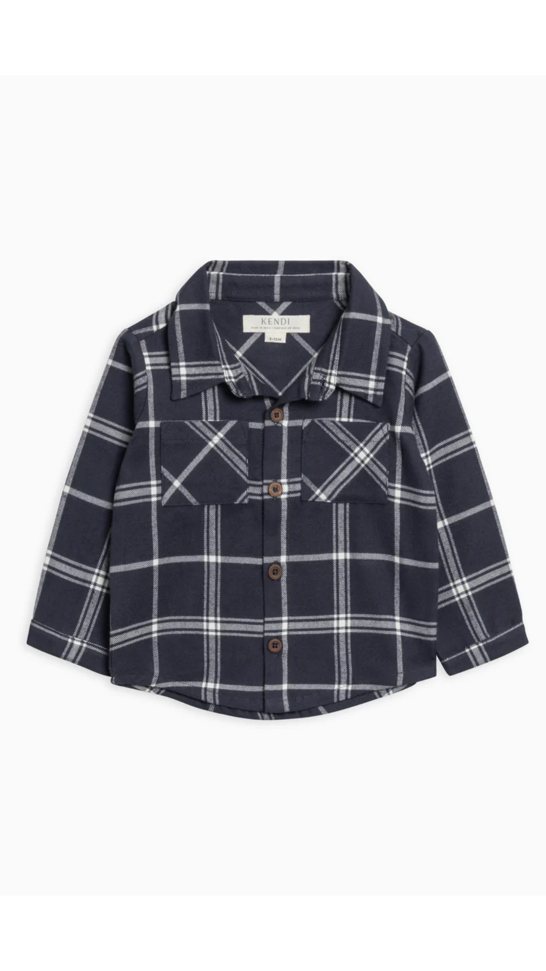 A navy plaid flannel shirt for boys, neatly styled in a flatlay with folded sleeves, showcasing its soft organic fabric and classic design.