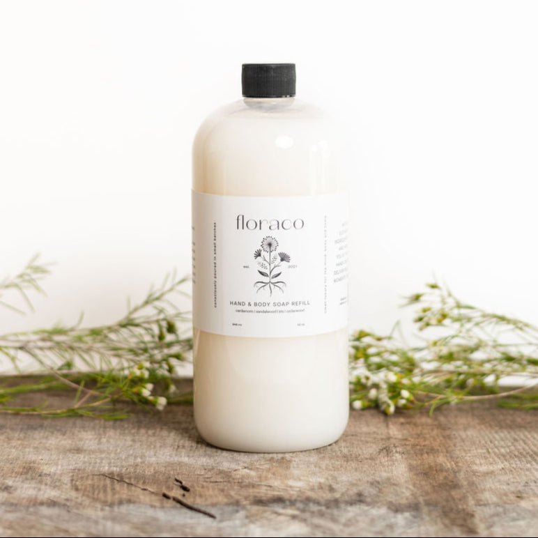 Floraco Hand Soap+ Body Wash Refill: cardamom, sandalwood, iris, cedarwood