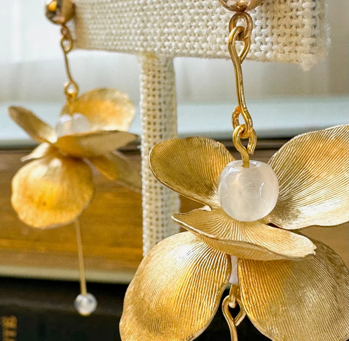 Close‑up of brass floral petals and mystic agate stones on Golden Petals No. 07 Earrings.