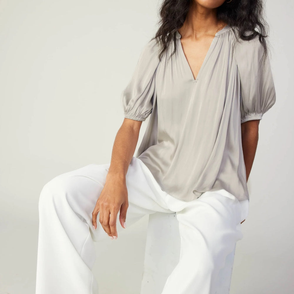 Hallie Blouse in silver, half-sleeve design ideal for casual or layered fall outfits, made with sustainable materials