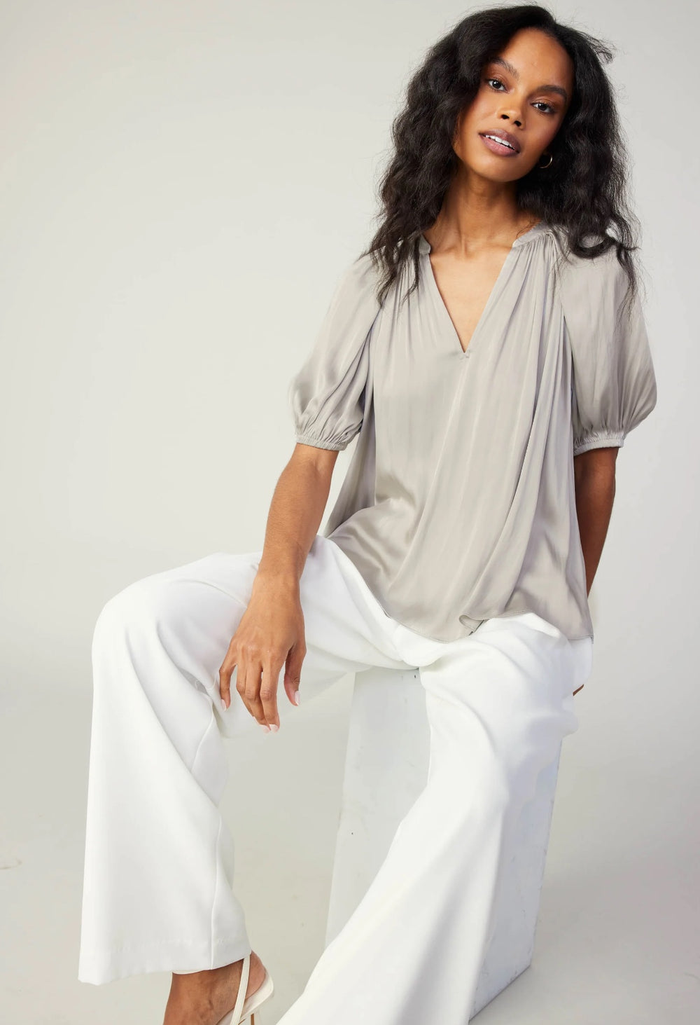 Hallie Blouse in silver, half-sleeve design ideal for casual or layered fall outfits, made with sustainable materials