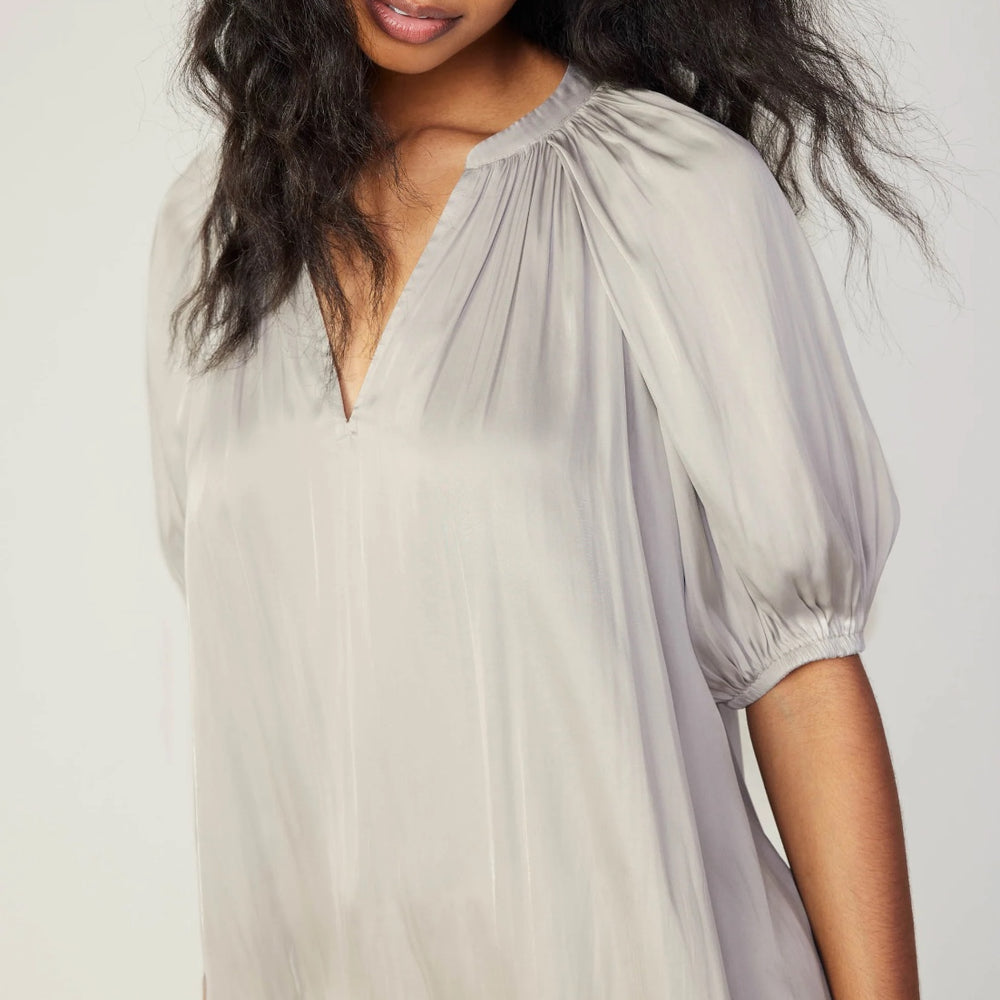 Hallie Half-Sleeve V-Neck Blouse in silver, close-up of gathered neckline and soft, lightweight fabric