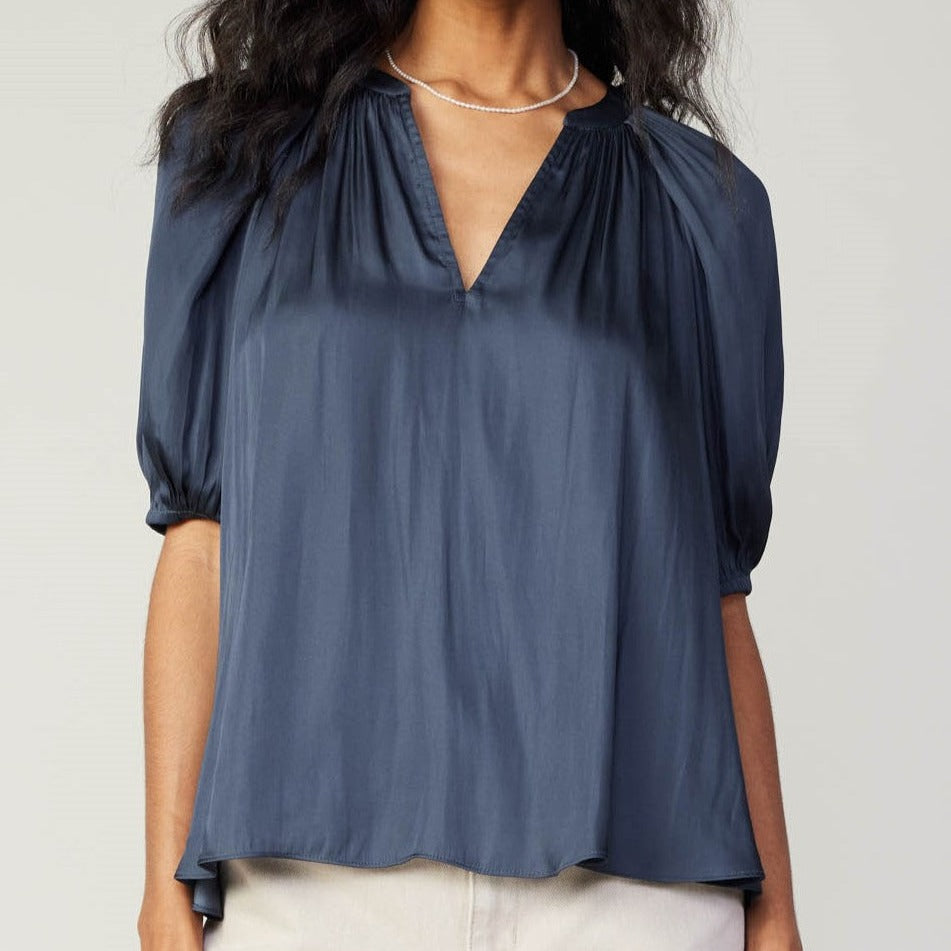 
                      
                        Front view of Half-Sleeve V-Neck Blouse in slate navy, featuring a gathered neckline and elegant half sleeves, made with sustainable fabric
                      
                    