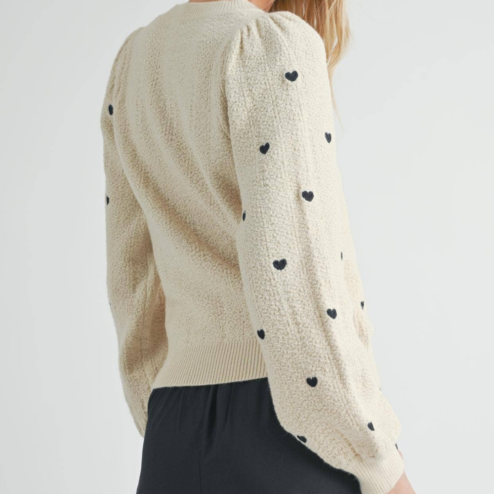 
                      
                        Back and Side View of Heart Eyes Sweater on Model: Model displaying the back and side profile of the Heart Eyes Embroidered Sweater, emphasizing its relaxed fit and playful heart eyes embroidery against the soft cream fabric
                      
                    