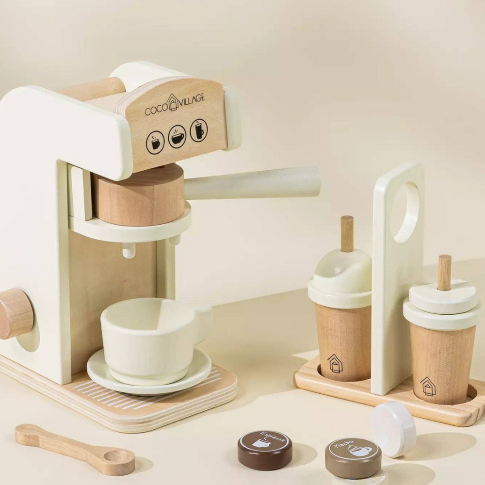 Full view of the Wooden Coffee Maker Set, including coffee maker machine, pods, to-go cups, and cup holder, offering a realistic barista experience for kids aged 3+ to explore imaginative play.