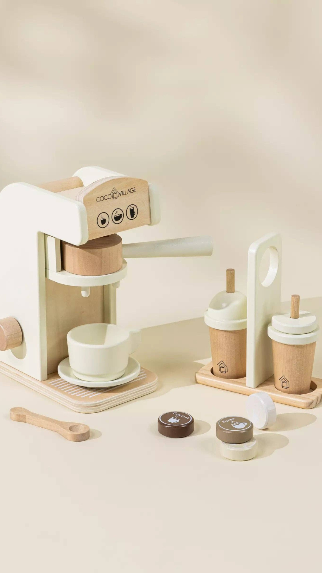 Full view of the Wooden Coffee Maker Set, including coffee maker machine, pods, to-go cups, and cup holder, offering a realistic barista experience for kids aged 3+ to explore imaginative play.