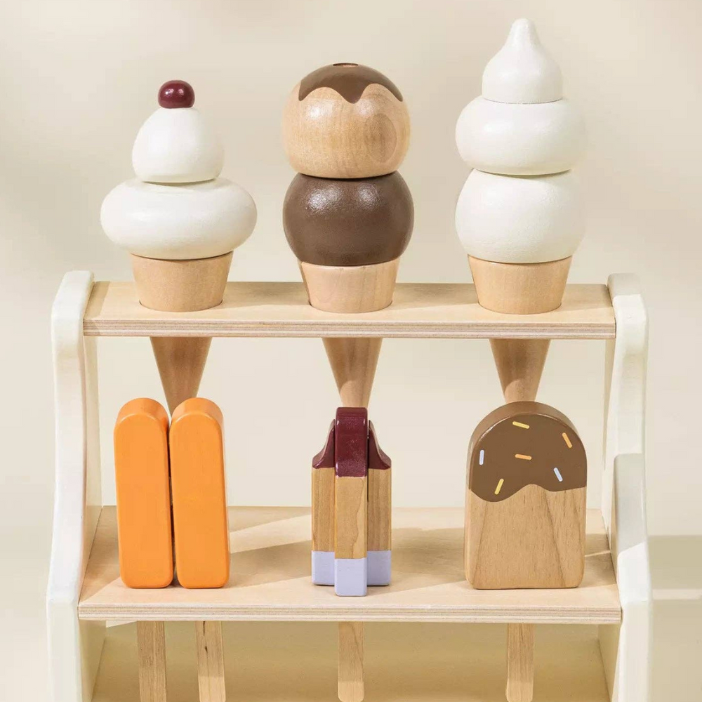 Front view of Wooden Ice Cream Stand playset, featuring a whimsical dessert shop design with ice cream cones, ice pops, and a spoon for creative pretend play and motor skill development.