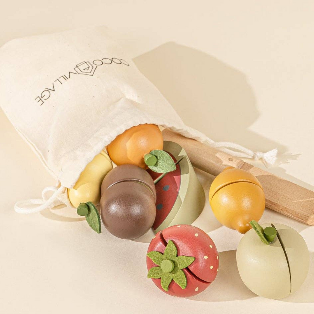 
                      
                        Wooden fruit spilling from storage bag, featuring sliceable pieces like pear, kiwi, and watermelon, with a wooden knife for engaging role-playing activities and fine motor skill practice.
                      
                    