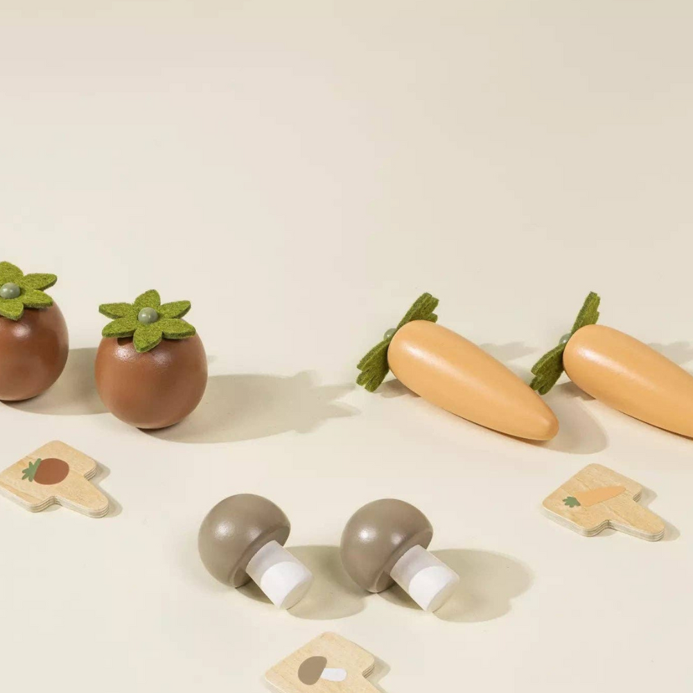 
                      
                        Close-up of wooden vegetables like carrots and tomatoes from the Wooden Gardening Playset, paired with garden stakes, allowing kids to "plant" and "pick" vegetables as part of their gardening adventure.
                      
                    