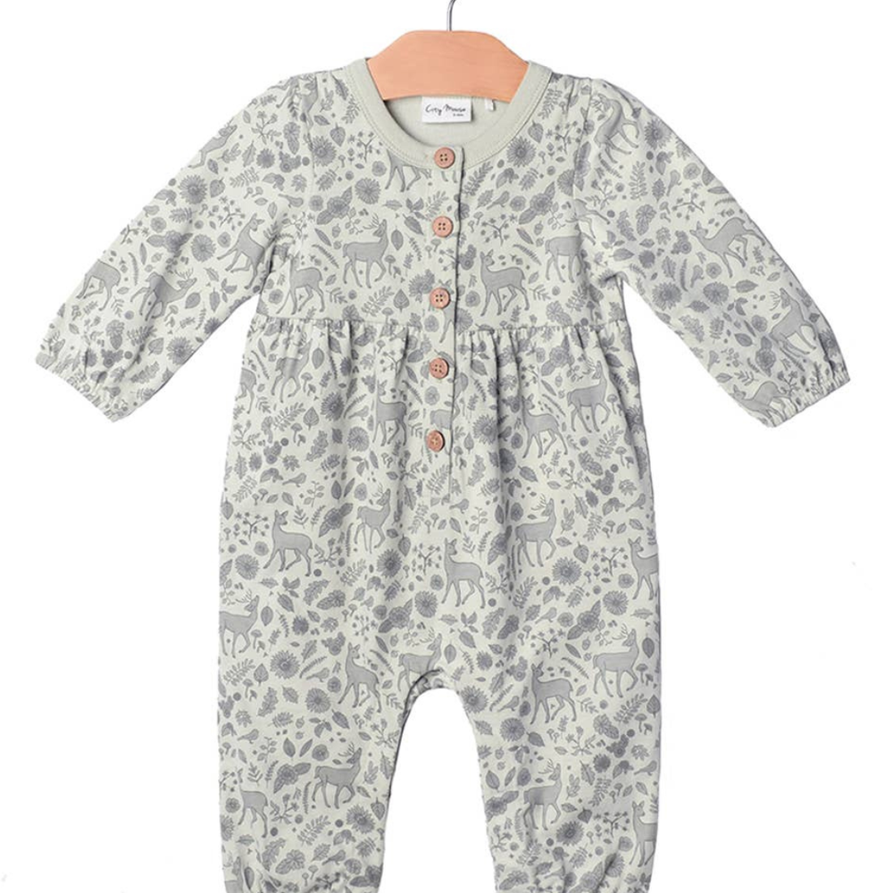 Flat lay of the Henley Long Leg Romper in Fall Deer print by City Mouse, showcasing the whimsical deer design on soft 100% combed cotton jersey fabric, with buttons down the front and snaps along the legs for easy dressing and diaper changes.