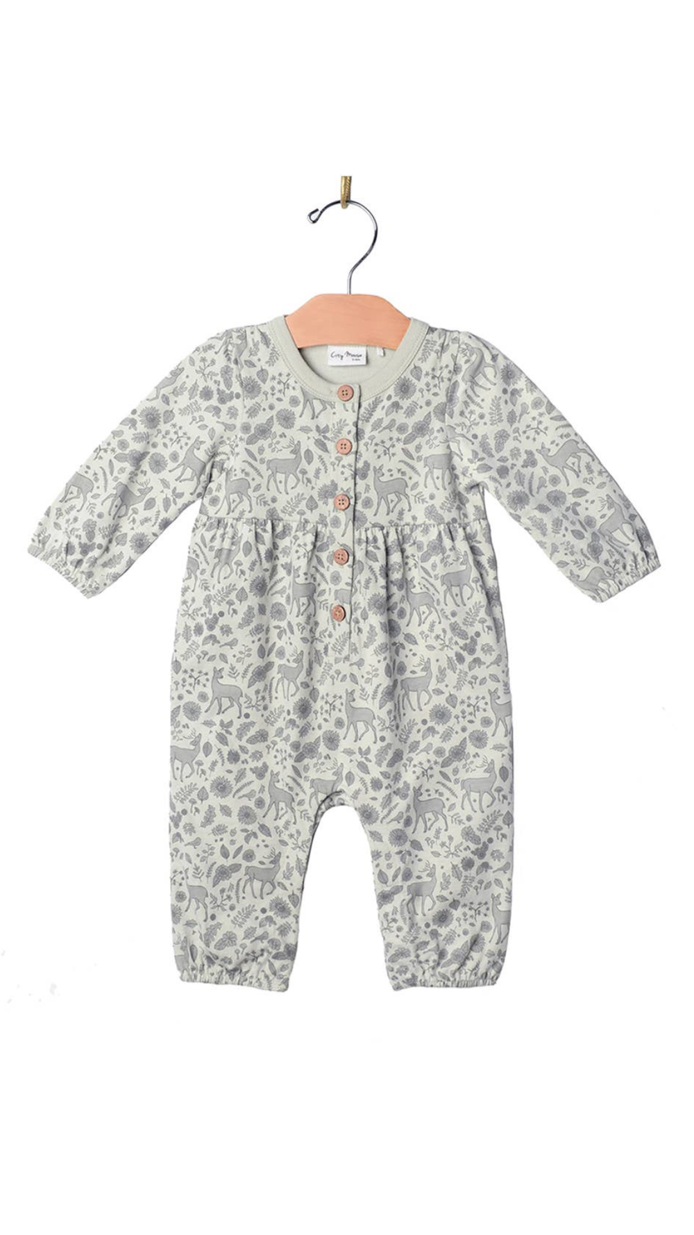 Flat lay of the Henley Long Leg Romper in Fall Deer print by City Mouse, showcasing the whimsical deer design on soft 100% combed cotton jersey fabric, with buttons down the front and snaps along the legs for easy dressing and diaper changes.