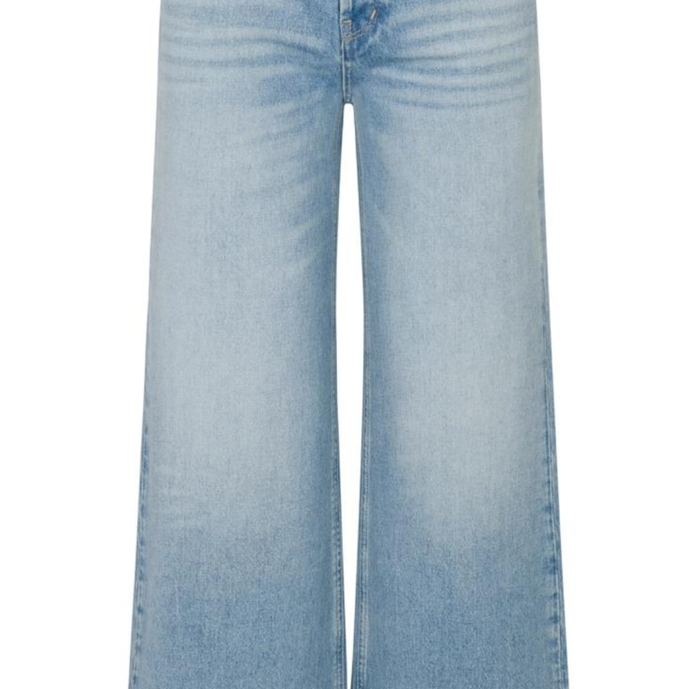 High-rise wide leg jeans with vintage light wash and scissor cut hem