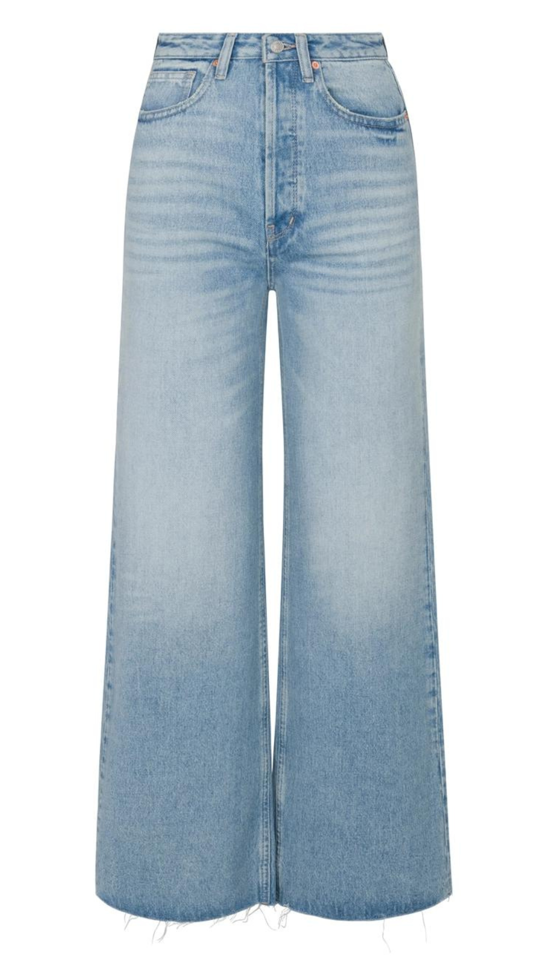 High-rise wide leg jeans with vintage light wash and scissor cut hem