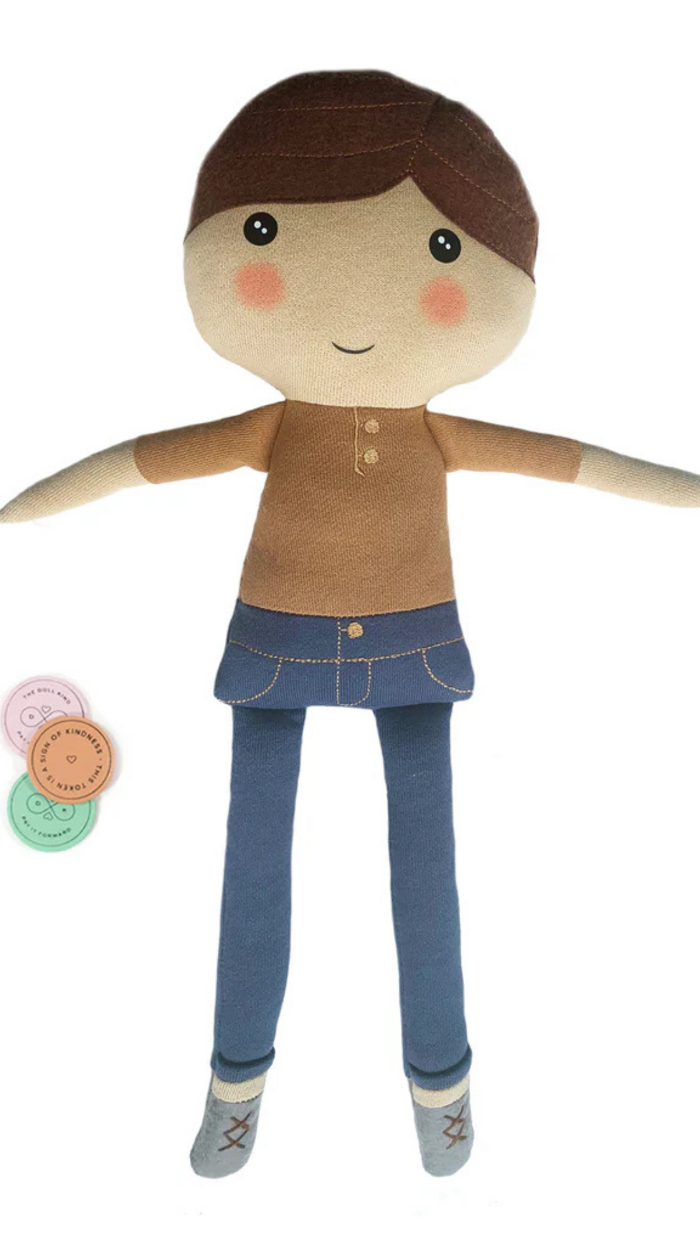 Hope Kindness Doll with 10 colorful kindness tokens arranged in a flat lay, promoting acts of kindness and positivity.